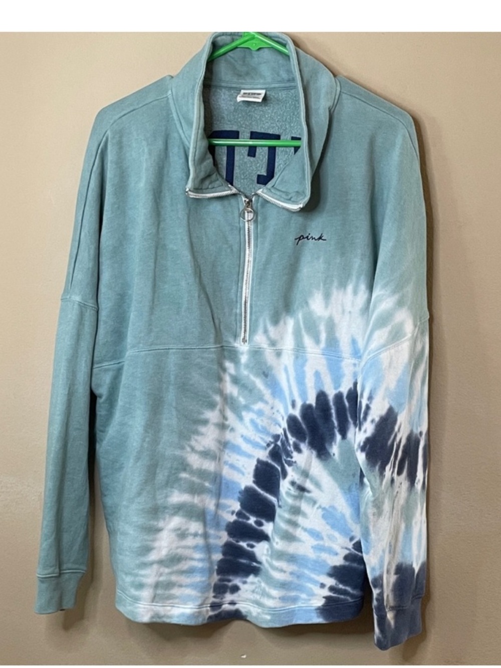PINK Victoria's Secret Teal Blue and White Tie-Dye Quarter-Zip cozy top large